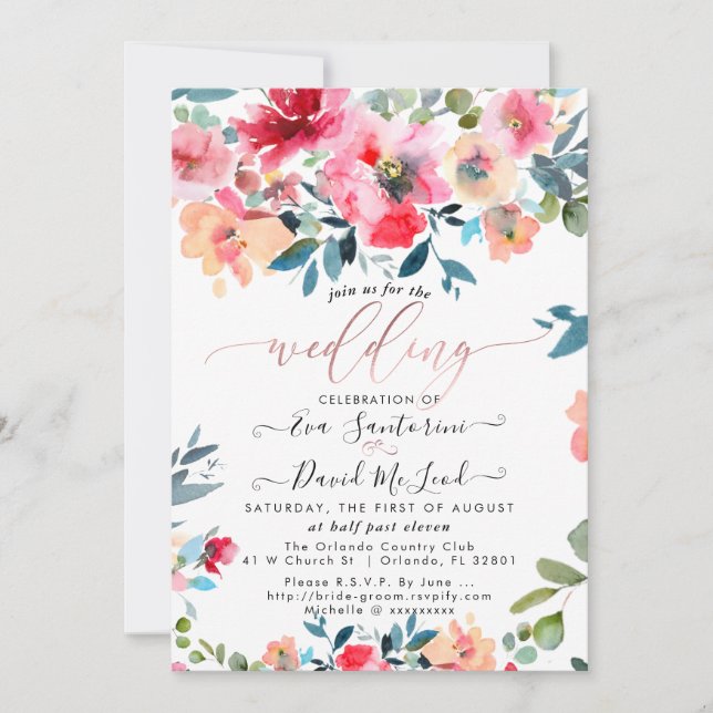 Aquarellfarben Red Ombre Garden Rose Hochzeit Einladung (Vorderseite)