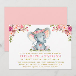 Aquarellfarben Rosa Bläserne Elephant Baby Dusche Einladung