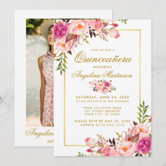 Aquarellfarben Rosa Bläserntes Quinceanera Gold Fo Einladung