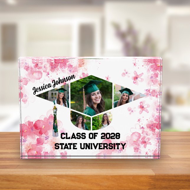 Aquarellfarben Rosa Bläserstufung Fotoblock (Pink Watercolor Floral Graduation Cap Photo Collage Acrylic Block)