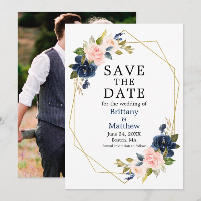 Aquarellfarben Rosa Blau Rose Geo Frame Foto Save The Date (Vorne/Hinten)