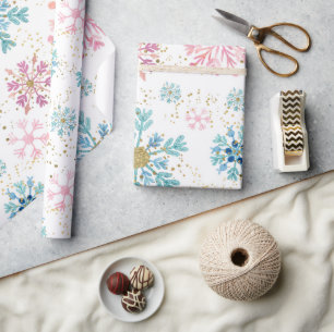 Aquarellfarben, Rosa, Blau und Gold Winterschneefl Geschenkpapier
