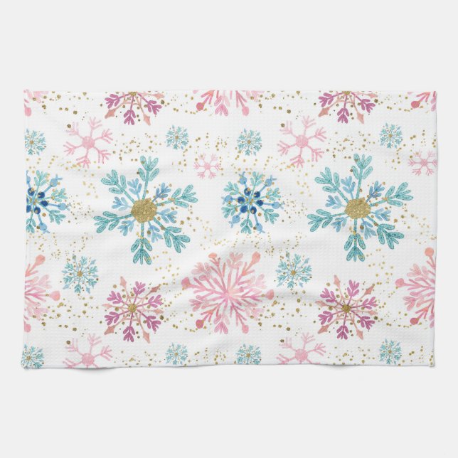 Aquarellfarben, Rosa, Blau und Gold Winterschneefl Geschirrtuch (Horizontal)