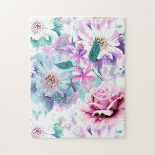 Aquarellfarben, rosa, blaue Blumen.