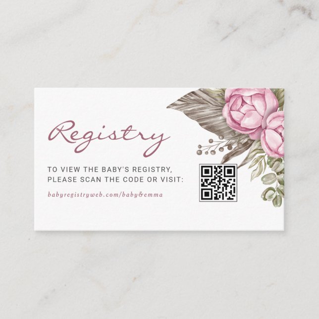 Aquarellfarben Rosa Blume Baby QR Code Registrieru Begleitkarte (Vorderseite)