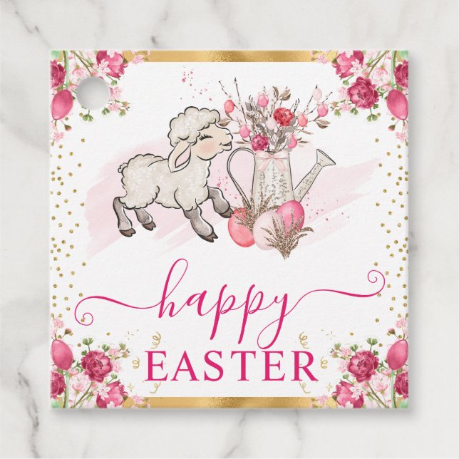 Aquarellfarben Rosa Blume Frühlingslamm Oster Geschenkanhänger (Vorderseite)