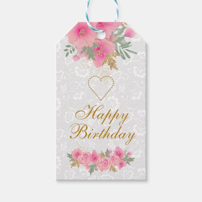 Aquarellfarben Rosa Blume Goldene Foil Happy Birth Geschenkanhänger (Vorderseite)
