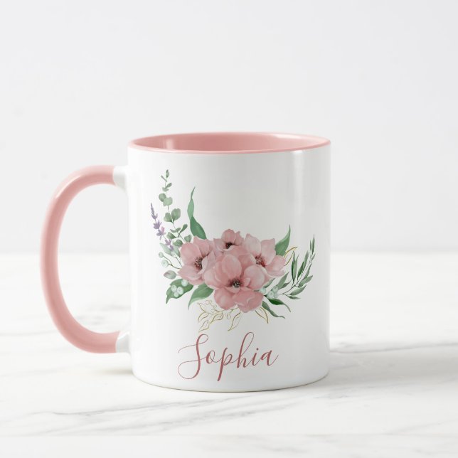 Aquarellfarben Rosa Blume Name Tasse (Links)