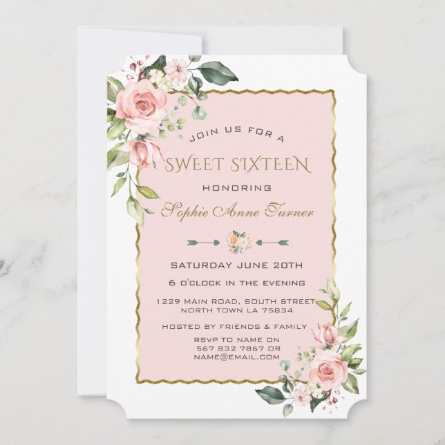 Aquarellfarben Rosa Blume Rot Gold Sweet 16 Einladung (Vorderseite)