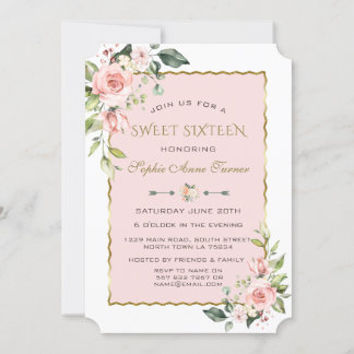 Aquarellfarben Rosa Blume Rot Gold Sweet 16 Einladung