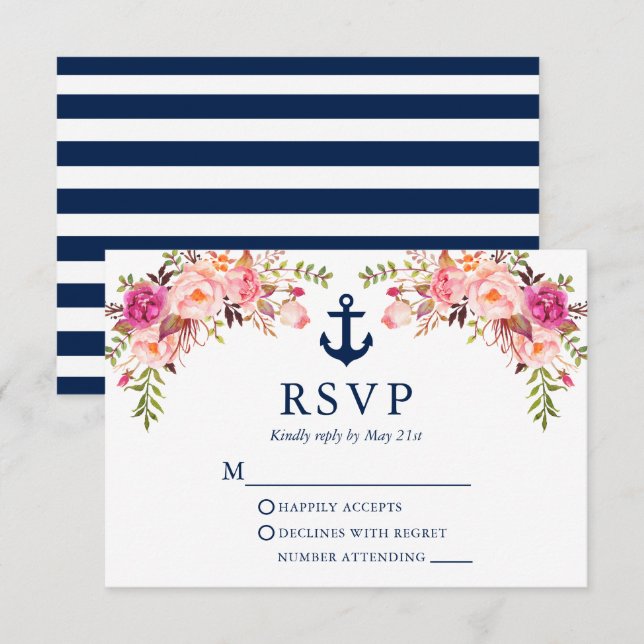 Aquarellfarben Rosa Blumenanker Blaue Streifen RSVP Karte (Vorne/Hinten)