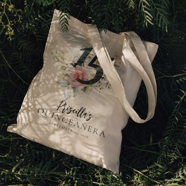 Aquarellfarben Rosa Blumenbraun Quinceanera 15. Ge Tragetasche (Pink Floral Quinceanera 15th Birthday Party Tote Bag)