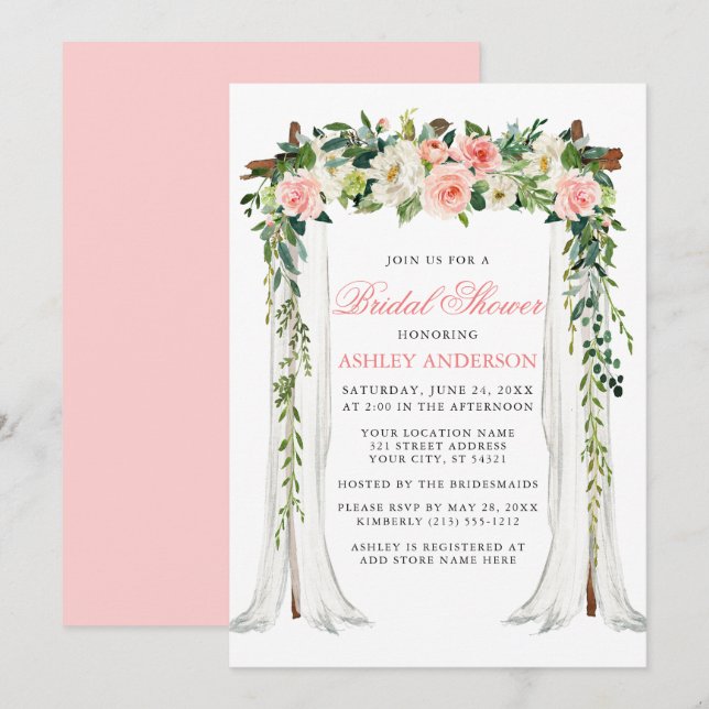 Aquarellfarben Rosa Blumenkanopie Brautparty Einladung (Vorne/Hinten)