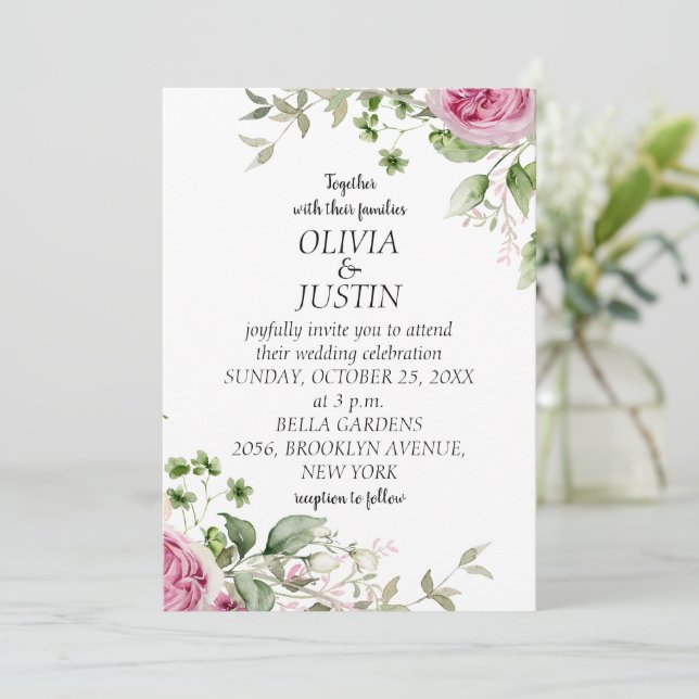 Aquarellfarben Rosa Blumenrahmen Hochzeit Einladung (Stehend Vorderseite)
