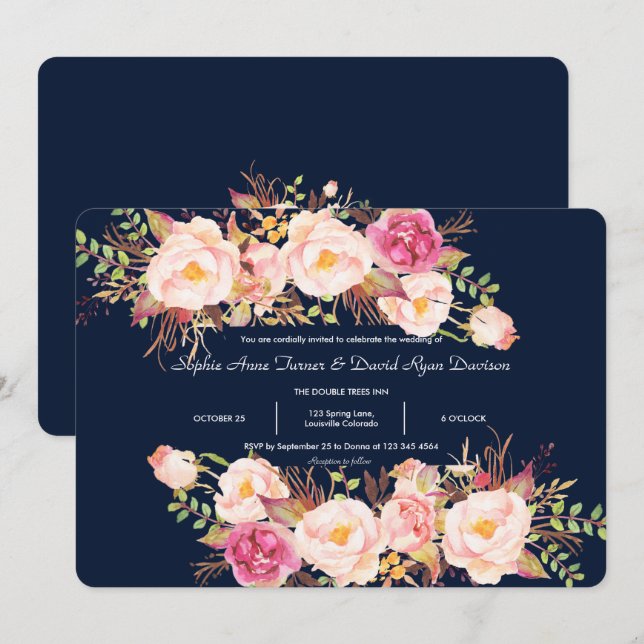 Aquarellfarben Rosa Blumenrahmen Navy Blue Wedding Einladung (Vorne/Hinten)