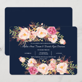 Aquarellfarben Rosa Blumenrahmen Navy Blue Wedding Einladung