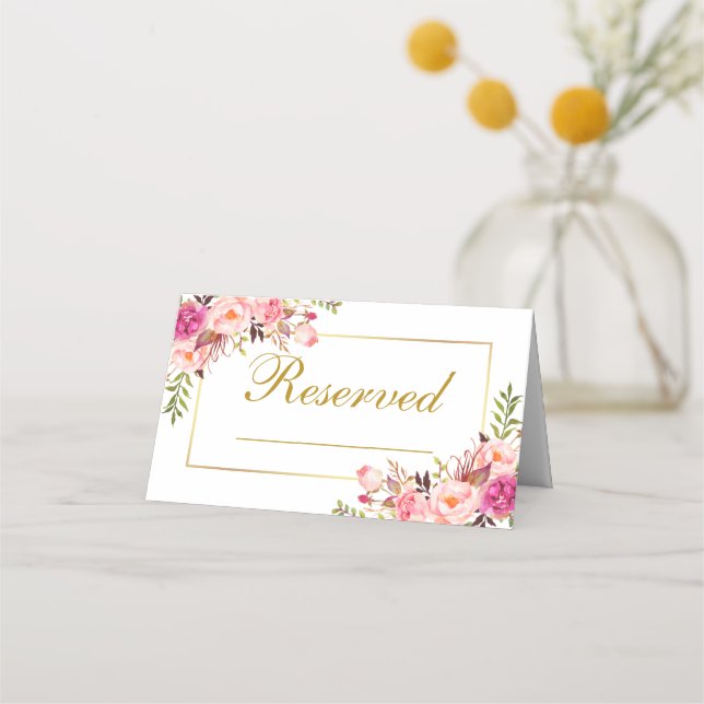 Aquarellfarben Rosa Blumenzehen vorbehalten Gold Platzkarte (Vorderseite)