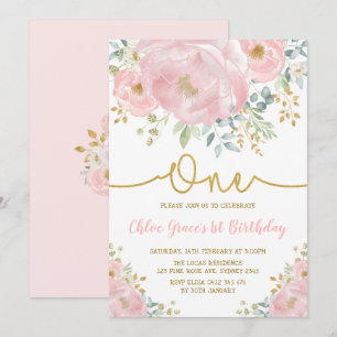 Aquarellfarben Rosa Blush Bloral 1. Geburtstag Par Einladung