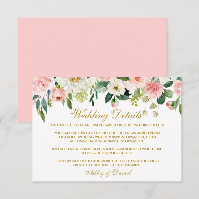 Aquarellfarben Rosa Blush Bloral Wedding Gold Begleitkarte (Vorne/Hinten)