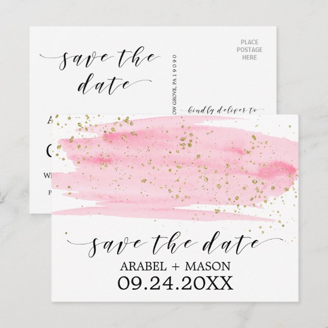Aquarellfarben Rosa Blush & Gold Hochzeit Das Datu Ankündigungspostkarte (Vorne/Hinten)