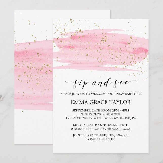 Aquarellfarben Rosa Blush & Gold Sparkle Sieben Einladung (Vorne/Hinten)