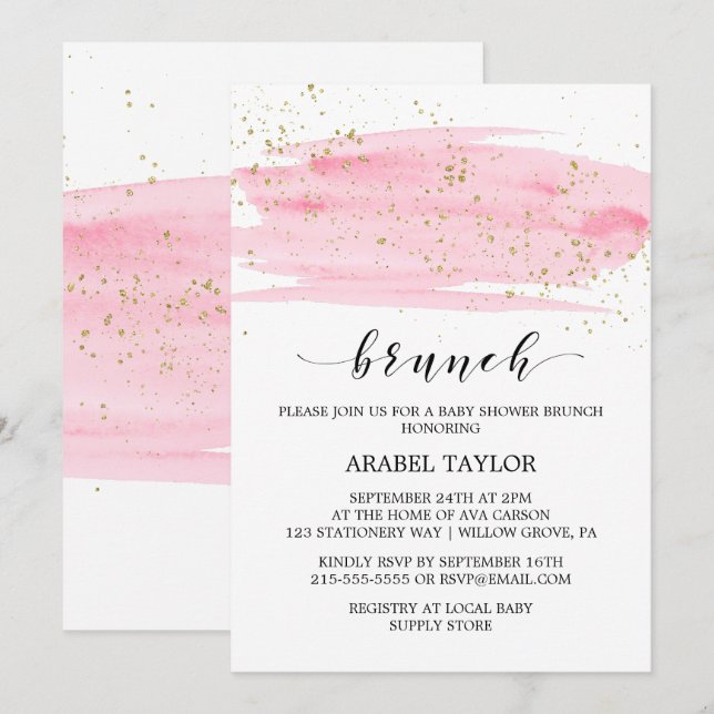 Aquarellfarben Rosa Blush & Gold Sparkline Brunch Einladung (Vorne/Hinten)