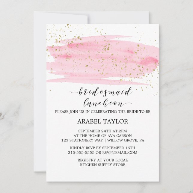 Aquarellfarben Rosa Blush und Gold Bridesmaid Lunc Einladung (Vorderseite)