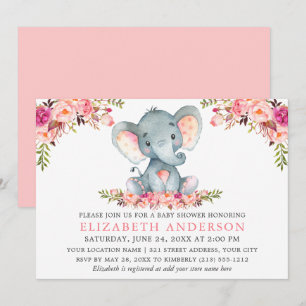 Aquarellfarben Rosa Blütenblüte Elephant Babydusch Einladung