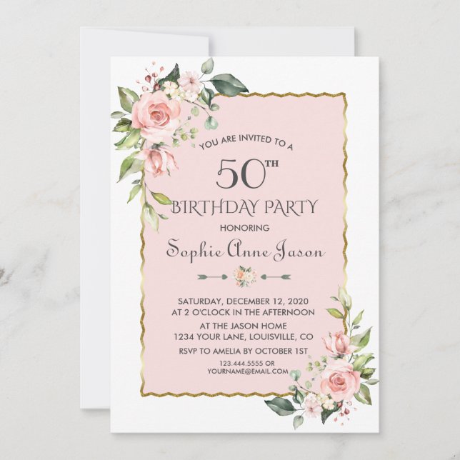 Aquarellfarben Rosa Blütenblüte Gold 50. Geburtsta Einladung (Vorderseite)