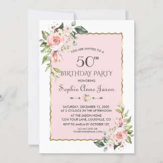 Aquarellfarben Rosa Blütenblüte Gold 50. Geburtsta Einladung