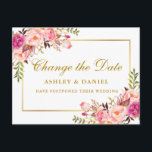 Aquarellfarben Rosa Blütenblüte Gold ändern das Da Postkarte<br><div class="desc">Moderne elegante Wasserfarbe Rosa Blütenblüte wechseln Die Postkarte für die Hochzeit bietet rosa Rosen,  Grün und einen goldenen Rahmen.</div>