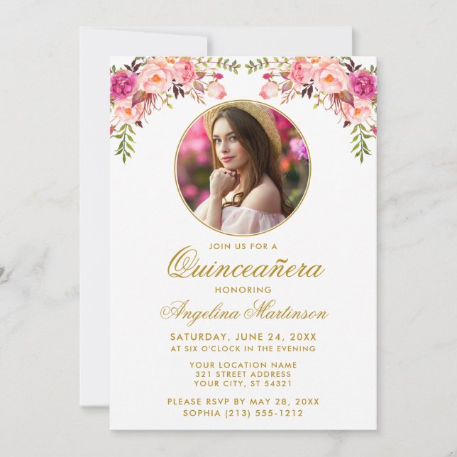 Aquarellfarben Rosa Blütenrahmen Quinceanera Einladung (Vorderseite)
