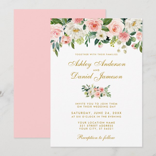 Aquarellfarben Rosa Blütenweiß Blütengold Hochzeit Einladung (Vorne/Hinten)