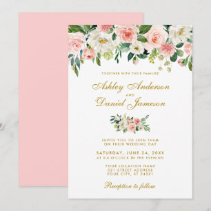 Aquarellfarben Rosa Blütenweiß Blütengold Hochzeit Einladung