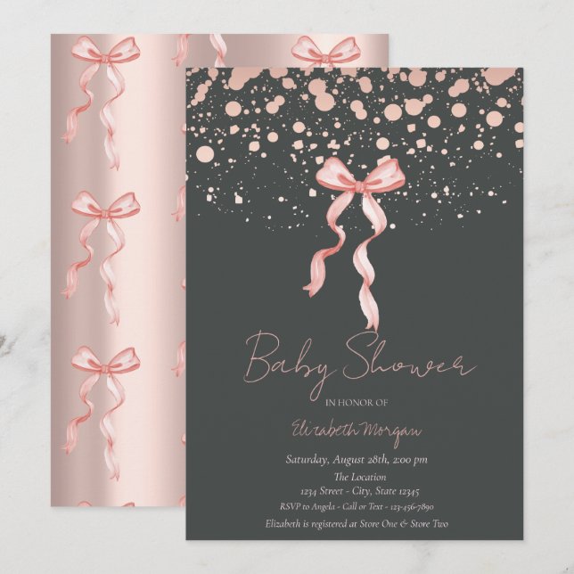 Aquarellfarben Rosa Bow Dots Rose Gold Baby Dusche Einladung (Vorne/Hinten)