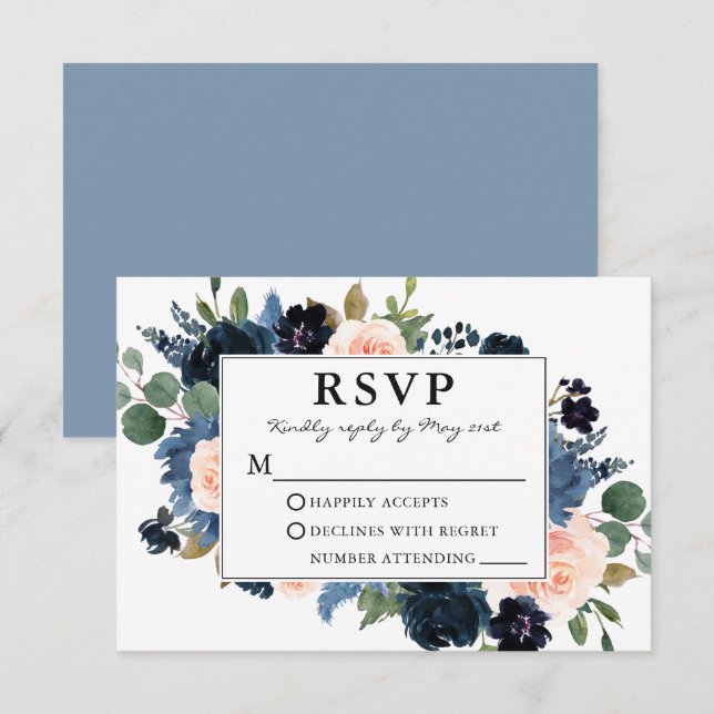 Aquarellfarben Rosa dunkelblauer Blumenrahmen Hoch RSVP Karte (Vorne/Hinten)