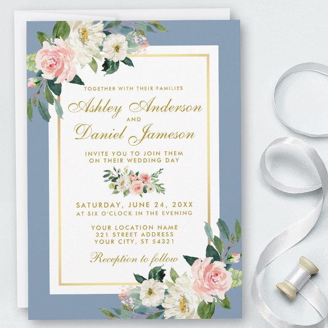 Aquarellfarben Rosa Floral Gold Dusty Blue Wedding Einladung (Customize to change text size, style, color or add more text or photos to back of card.)