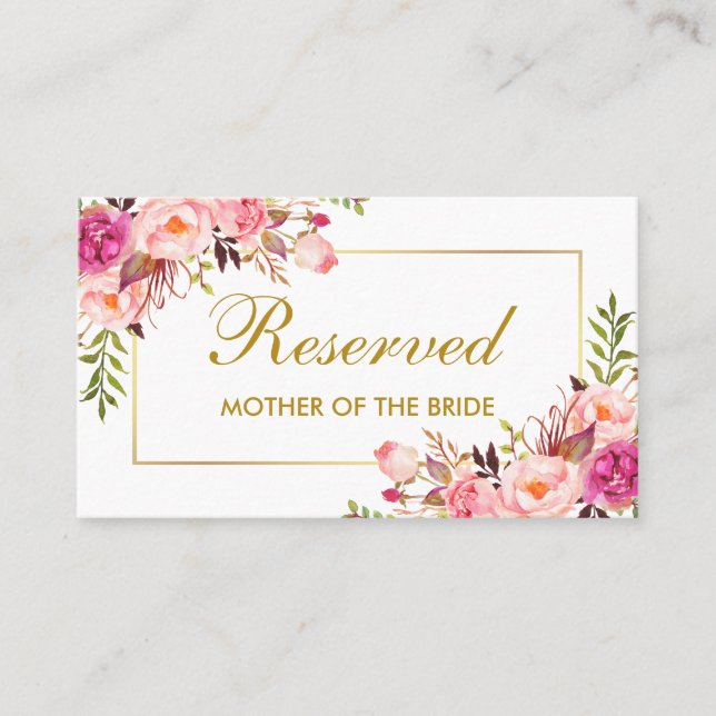 Aquarellfarben Rosa Floral Gold Hochzeitsreservier Platzkarte (Vorderseite)