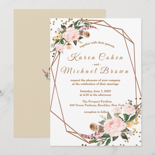 Aquarellfarben Rosa & Gold Boho Chic Blumenzehen Einladung (Vorne/Hinten)