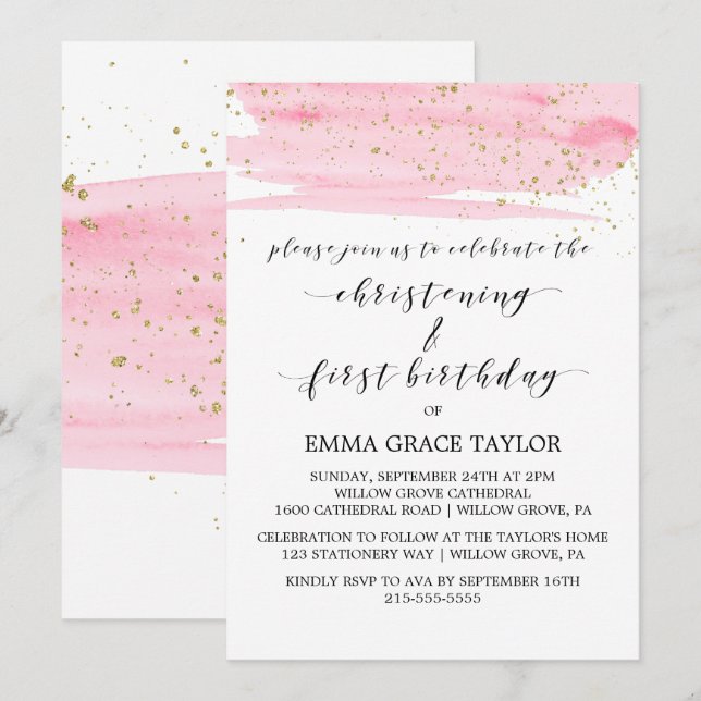Aquarellfarben, Rosa & Gold Christening & 1. Gebur Einladung (Vorne/Hinten)