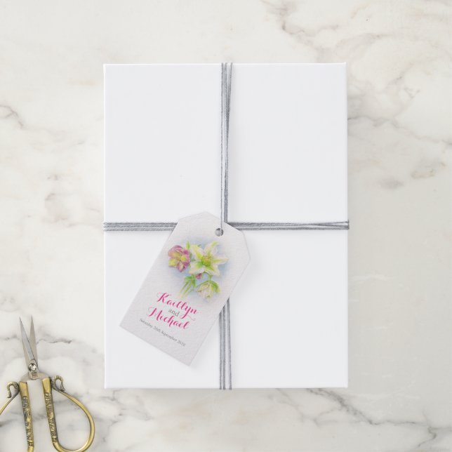 Aquarellfarben, rosa, grüne Hellebohrer - Hochzeit Geschenkanhänger (Mit Garn)