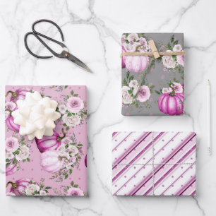AQUARELLFARBEN ROSA HERBST KÜRBISSE UND BLUMEN GESCHENKPAPIER SET