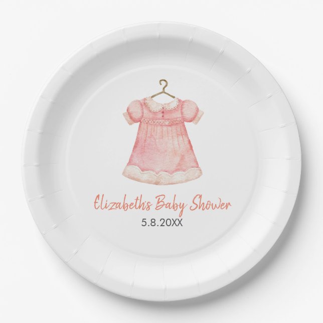 Aquarellfarben Rosa Kleid Babydusche Papierplatte Pappteller (Vorderseite)
