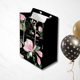 Aquarellfarben Rosa Magnolia Schwarzes Muster Mittlere Geschenktüte