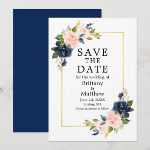 Aquarellfarben Rosa Navy Blue Rose Goldrahmen Save The Date