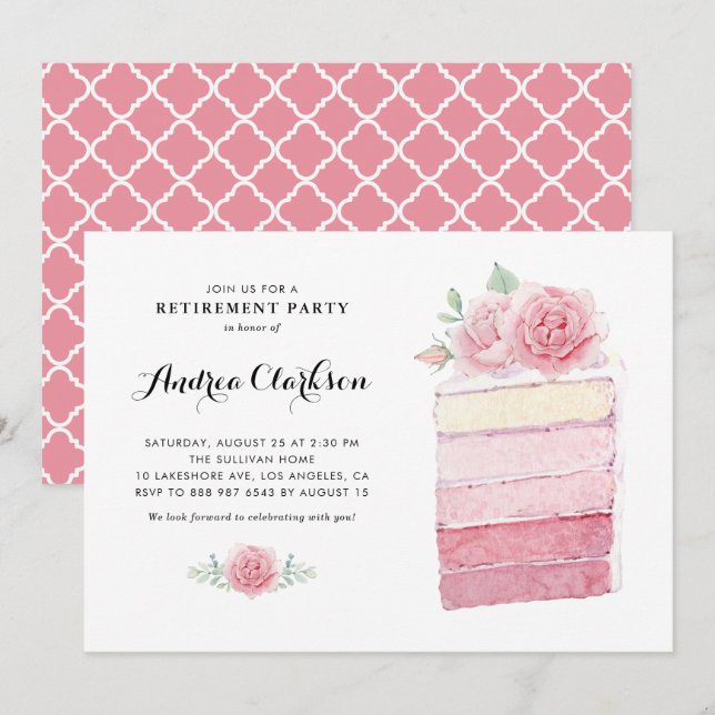 Aquarellfarben Rosa Ombre Cake Slice Retirement Pa Einladung (Vorne/Hinten)