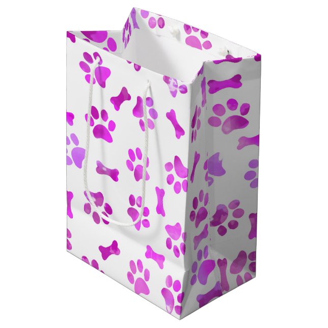 Aquarellfarben Rosa Paw Prints Mittlere Geschenktüte (Vorderseite Schrägansicht)