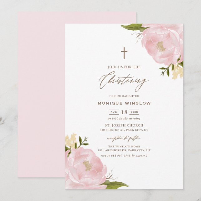 Aquarellfarben Rosa Peonies Christening Einladung (Vorne/Hinten)