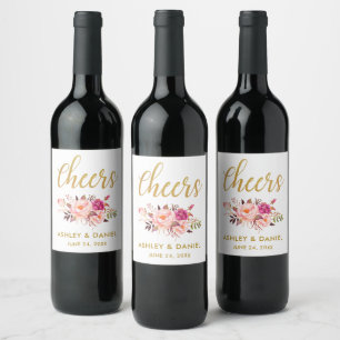 Aquarellfarben Rosa Rosa Blush Gold Wedding Cheers Weinetikett
