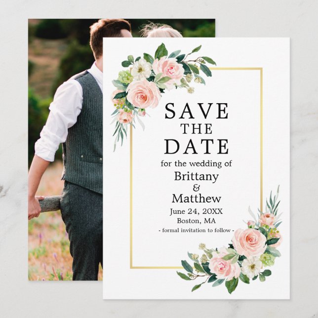 Aquarellfarben Rosa Rose Foto Gold Rahmen Save The Date (Vorne/Hinten)